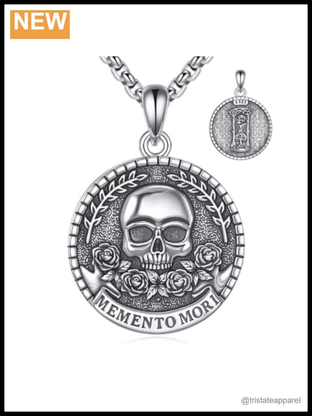 Sterling Silver Memento Mori Skull Pendant Necklace 18in Adjustable